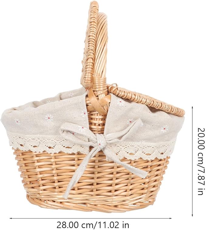 Sosoport Woven Rattan Picnic Basket with Lid and Handle, 1pcs Tote Storage Basket for Fruit and Vegetable Holder, Rustic Outdoor Picnic Accessory for Home and Garden