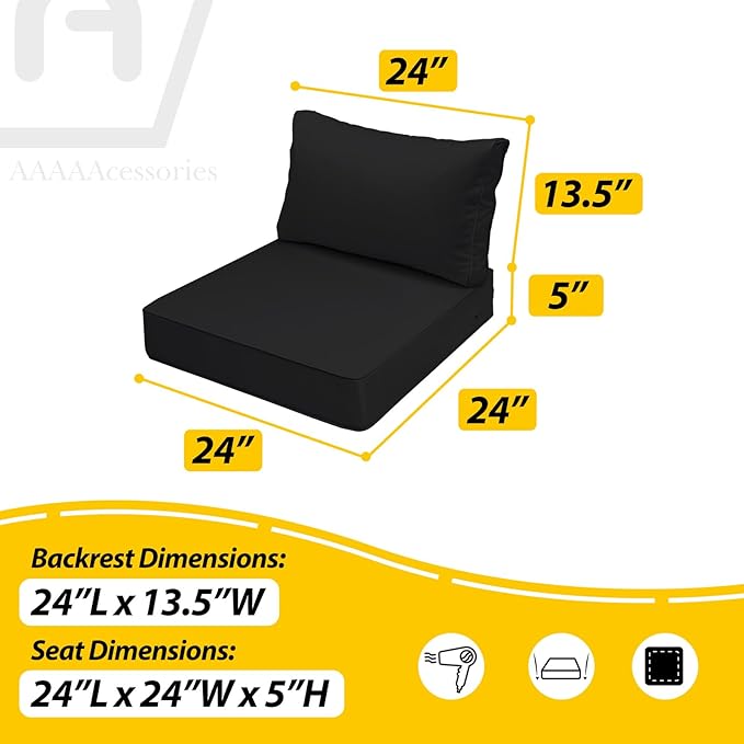AAAAAcessories Outdoor Seat Cushions for Chairs, Fade-Resistant, Waterproof Patio Furniture Replacement Cushions, 24" x 24" x 5" + 24" x 13.5", Charcoal Black
