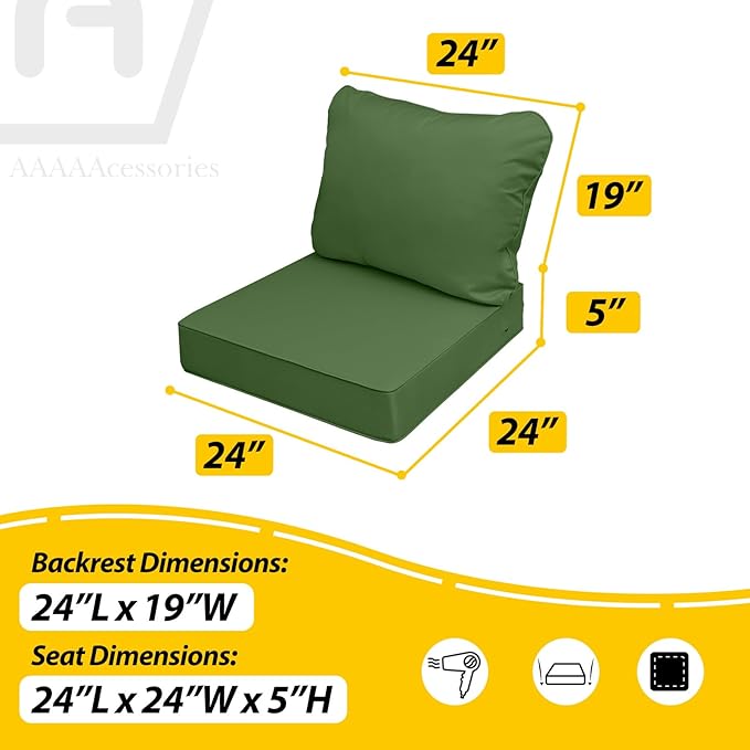 AAAAAcessories Outdoor Deep Seat Cushions, Waterproof, Fade-Resistant Patio Furniture Replacement Cushions, 24" x 24" x 5", Set of 4, Dark Moss Green