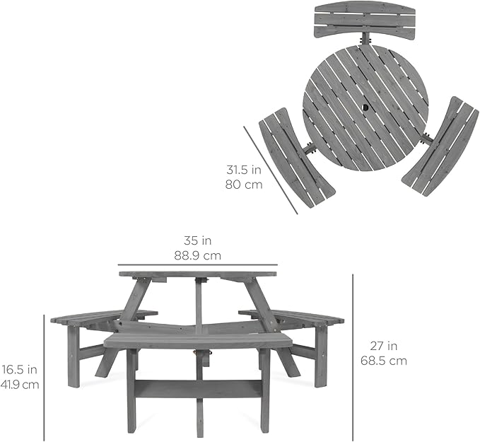 Best Choice Products 6-Person Circular Outdoor Wooden Picnic Table for Patio, Backyard, Garden, DIY w/ 3 Built-in Benches, 500lb Capacity - Gray