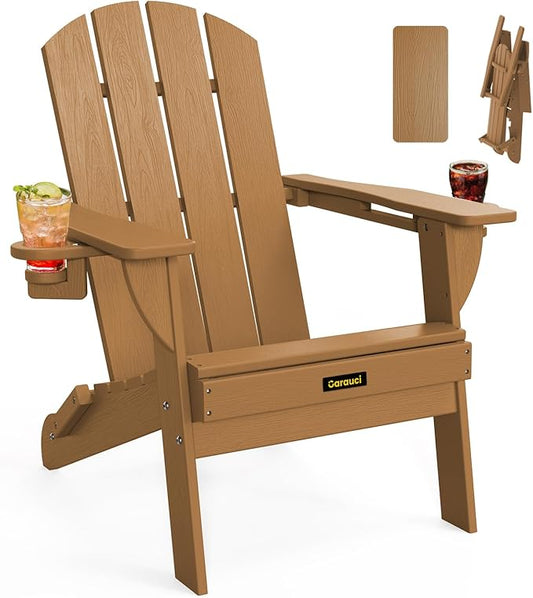 Folding Adirondack Chair, Wooden Textured Plastic Adirondack Chairs with 2 Cup Holder, Weather Resistant HDPE Fire Pit Chair, Outdoor Patio Chairs for Garden, Backyard, Lawn, Deck, 380LBS, Teak