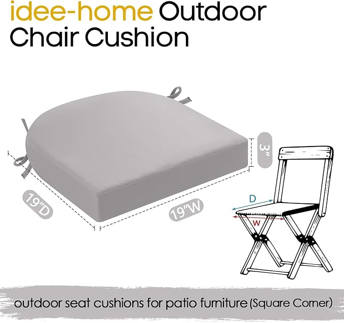 idee-home Outdoor Chair Cushions Set of 4, Thick 19" x 19" x 3" Patio Chair Cushions for Outdoor Furniture Waterproof with Ties, Seat Cushion, Chair Pads Dining Chair Grey