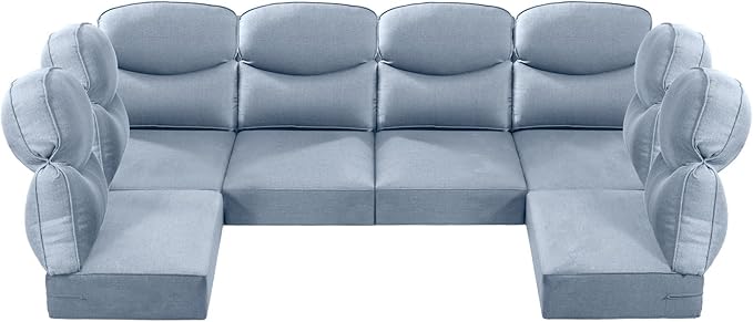 Luxury 24x24x6 Outdoor Seat Cushions for 6-Seat Sectional Sofa Set of 6 - Water-Repellent 14-Piece Patio Cushion Set for Outside Wicker Loveseat Chair L-Shape Couch - Baby Blue/Smile