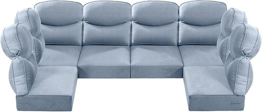 Luxury 24x24x6 Outdoor Seat Cushions for 6-Seat Sectional Sofa Set of 6 - Water-Repellent 14-Piece Patio Cushion Set for Outside Wicker Loveseat Chair L-Shape Couch - Baby Blue/Smile