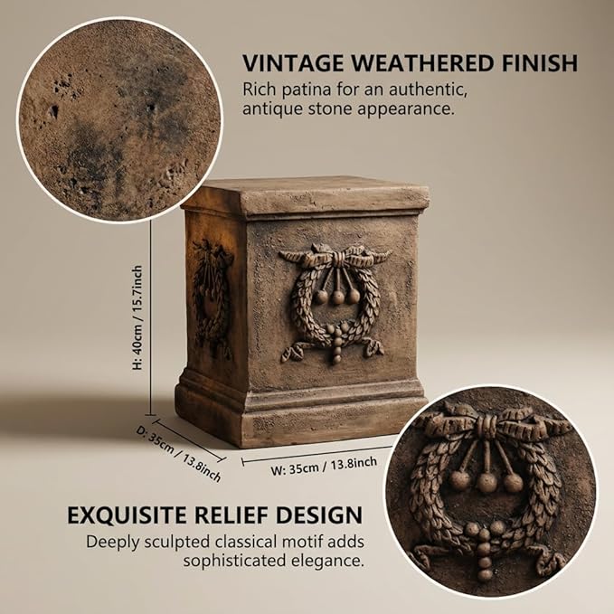 17 Inch Sculptural Garden Plinth Base Statue, Embossed Design Durable and Sturdy Resin Fiber Base,Antique Stone Finish