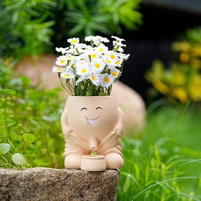 Urinating Pot Head Planter Cute Smiley Face Doll Flower Pot Naughty Doll Plant Planter with Drain Resin Smile Vase Tabletop Decor Suitable for Grow Succulents Cactus Herbs (No Plants) (Khaki)