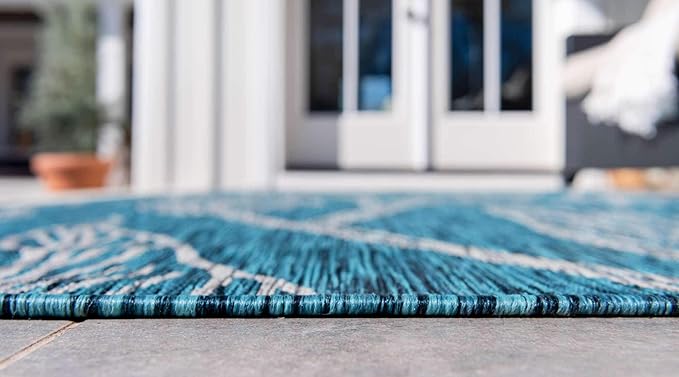 Unique Loom Outdoor Botanical Collection Area Rug - Leaf (7' 1" x 10' Rectangle, Teal/ Ivory)