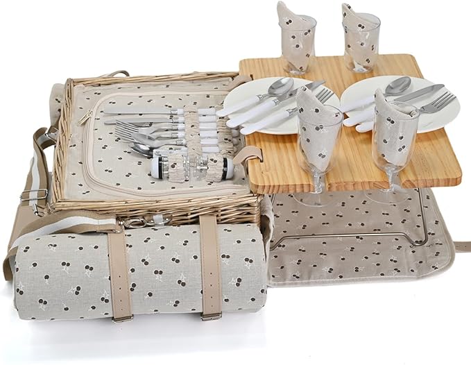 Multifunctional Wicker Picnic Basket Set for 4 with Blanket and Picnic Table, Insulated Picnic Set with Full Tablewares for Camping Outdoor Couples,Cherry