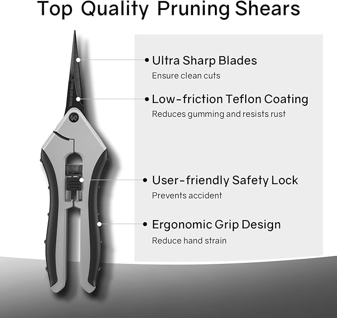 6.5" Ultra Sharp Pruning Shears - Professional Garden Scissors with Straight Stainless Steel Blades, Ergonomic Handle, Rust Resistant, Safety Lock, Trimming Scissors for Plants in Grow Tents,1-Pack