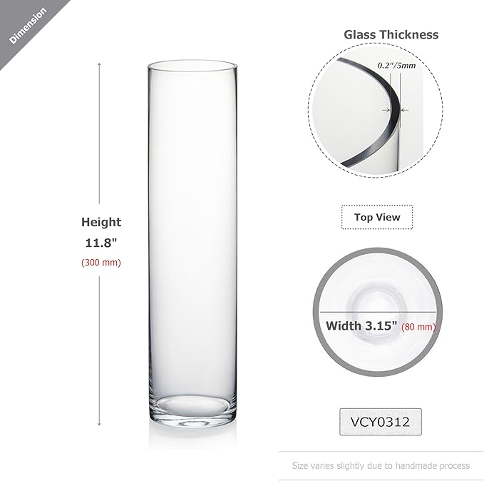 WGVI Quality Thick Weighted Clear Cylinder Glass Vases, 3" W x 12" H, Skinny Bud Vase Floral Bouquet Flower Arrangements Storage Container Candle Holders Decorative Accents, Bulk Wholesale, 18 Pieces