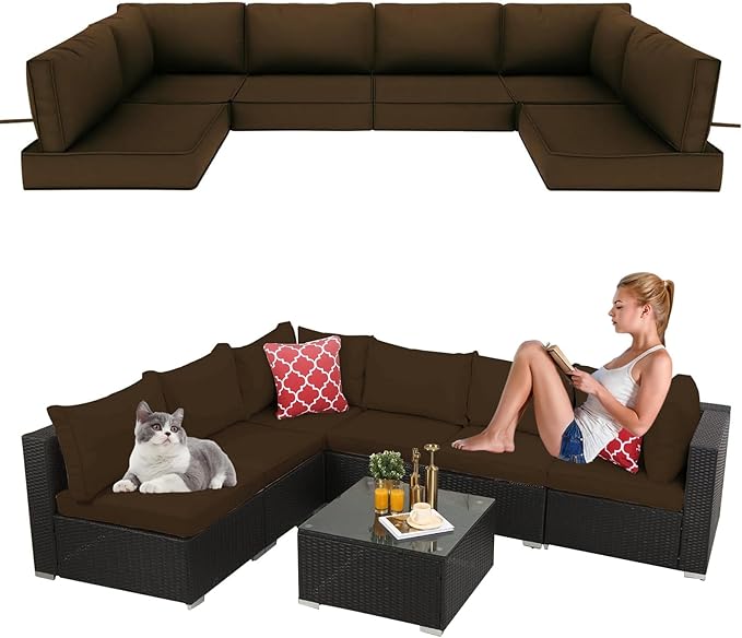 14 Pieces Outdoor Sectional Replacement Cushions for Patio Furniture, 4in Thick Outdoor Sofa Cushions for 6 Seat, Waterproof Deep Seat Couch Patio Cushion Set (Coffee Color)
