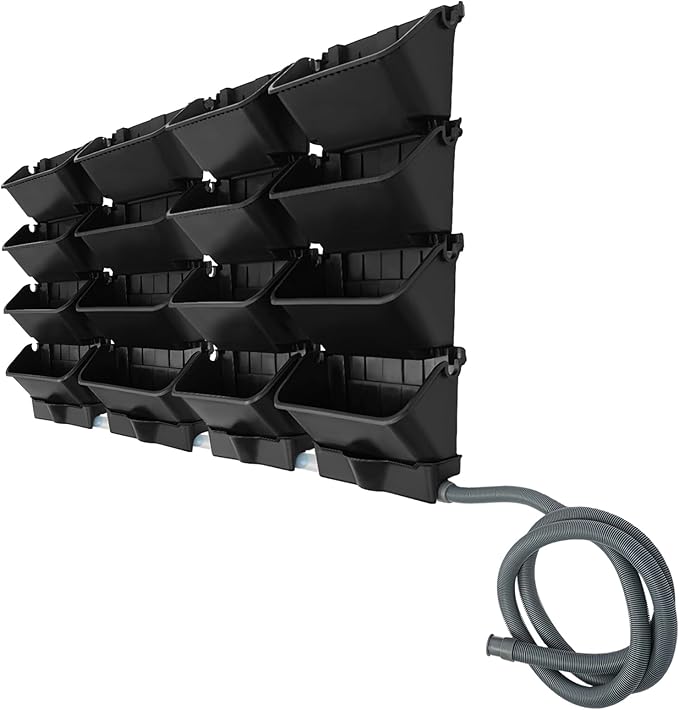 Vertical Wall Planter for Indoor Plant-Walls Mounted Pot with 4 Drainage Tray 16 Pack, with 6.56ft Drainage Pipe for Decor, Plastic Pots Balcony Planters, Plants Hanging (16, Black)