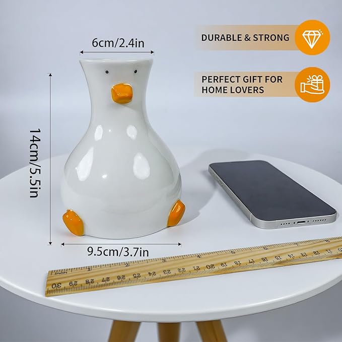 Handcrafted Ceramic Duck Vase - White Modern Flower Vase with Unique Duck Design - Round Aesthetic Table Decor - Funky and Trendy Art Vase