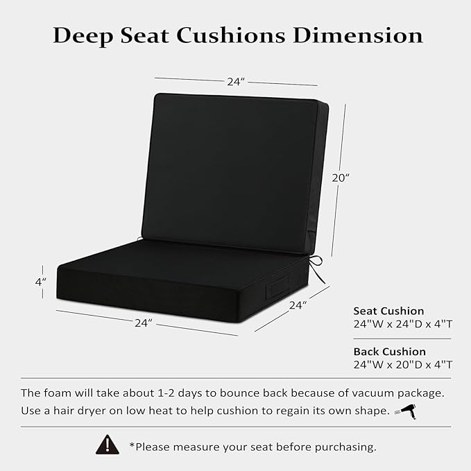 Cozyide 24x24 Outdoor Cushions for Patio Furniture, Waterproof Outdoor Chair Cushions with Non-Slip Ties and Handle, Washable Deep Seat Cushions for Outdoor Furniture with Removable Cover, Black