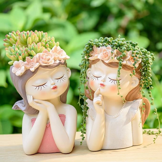 Fairy Girl Succulent pots, Uniqueface planters for Indoor and Outdoor Plants, Resin Head Flower Pots for Garden Planting Lover (Medium-Fantasy)