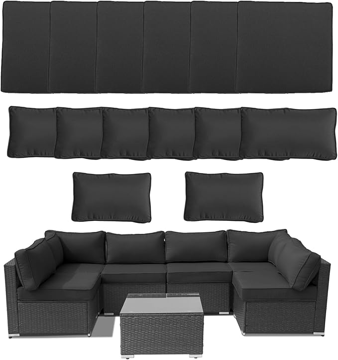 14Piece Outdoor Sofa Cushion Replacement, Patio Furniture Waterproof Cushion with Zippers, fit 6-Seat Outdoor Wicker Rattan Sectional Couch (Black, 23.6"x23.6"x3.9")