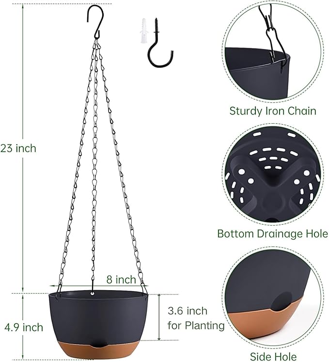 Hanging Planters for Indoor Plants, Set of 2 8/10 Inch Self-Watering Hanging Pots with Drainage Hole & Removable Water-Storage Tray II Screw-in Hooks II