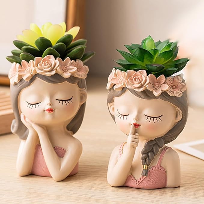 Small Fairy Succulent Plant Pot with Drainage Hole 4inch Indoor Cactus Pot Unique Cute Flower Pot with Girl Face Container Planter Home Office Desk Garden Gifts Idea for Women