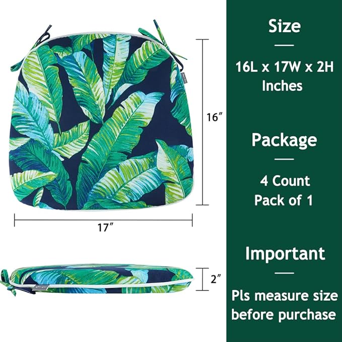 Magpie Fabrics 17"x16"x2" U-Shape Chair Cushions with Ties 4 Count, Outdoor Indoor Waterproof All Weather Seat Pads Decoration for Patio Garden Dining Office - Green Lagoon Leaves