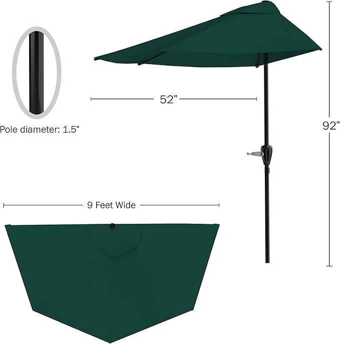 Half Umbrella Outdoor Patio Shade - 9 ft Half Patio Umbrella with Easy Crank - Small Canopy for Balcony, Table, or Deck by Pure Garden (Hunter Green)