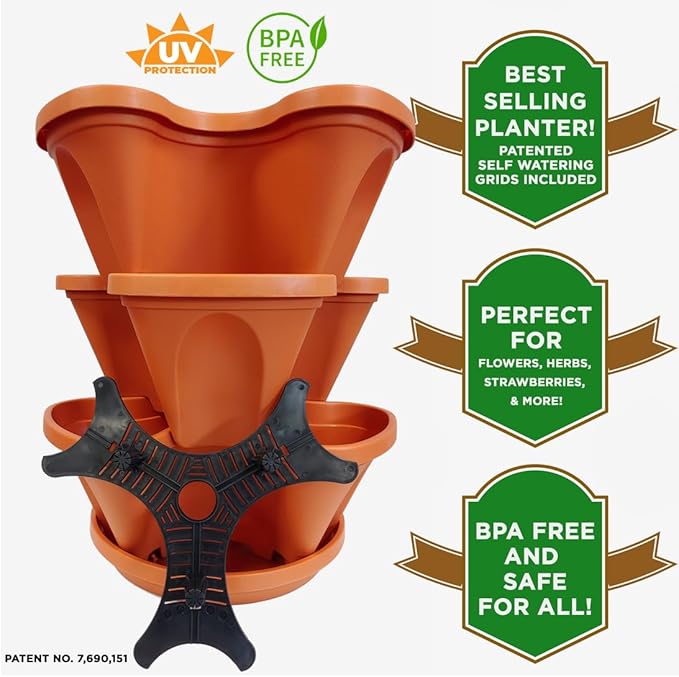 3 Tier Stacking Planter-Flower, Herb, Stackable Garden, Vegetable-Self-Watering-Indoor/Outdoor (Terracotta)