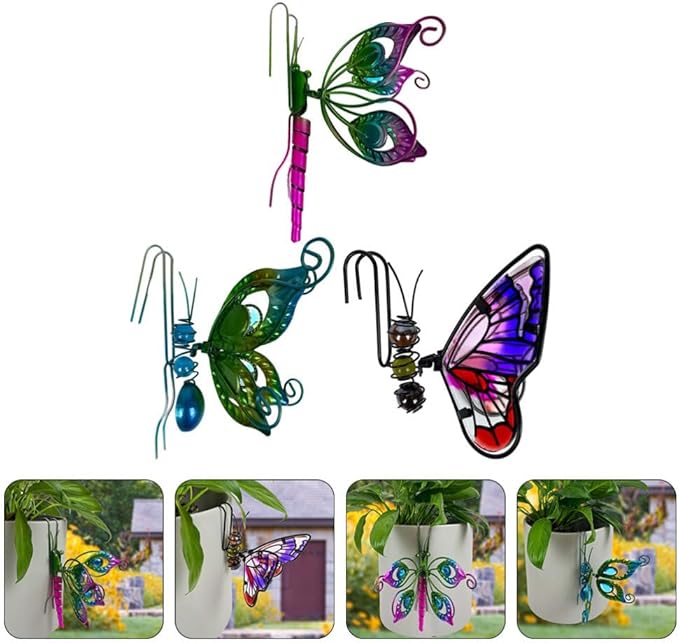 BESPORTBLE 3Pcs Butterfly Decorations for Flower Pots - Iron and Glass Hanging Butterfly Ornaments, Plant Pot Hanger Figurines, Garden Pendant Decor