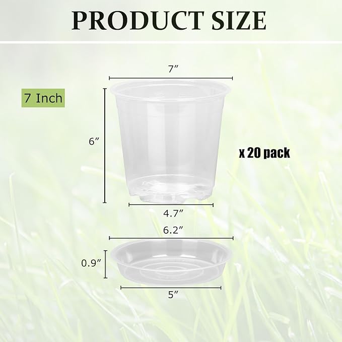 20 Pack 7 Inch Clear Nursery Pots with Drainage and Saucer, Clear Plastic Planter Pots for Plants, Flexible Seed Starting Pots for Succulents, Small Herbs, Annual Flowers (7 Inch)