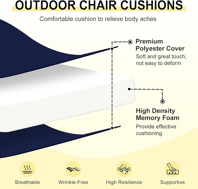 downluxe Outdoor Chair Cushions Set of 6 for Patio Furniture, Water-Resistant Square Corner Patio Chair Cushions with Ties, High Density Foam Outdoor Seat Cushion, 18.5" X 16" X 3", Navy