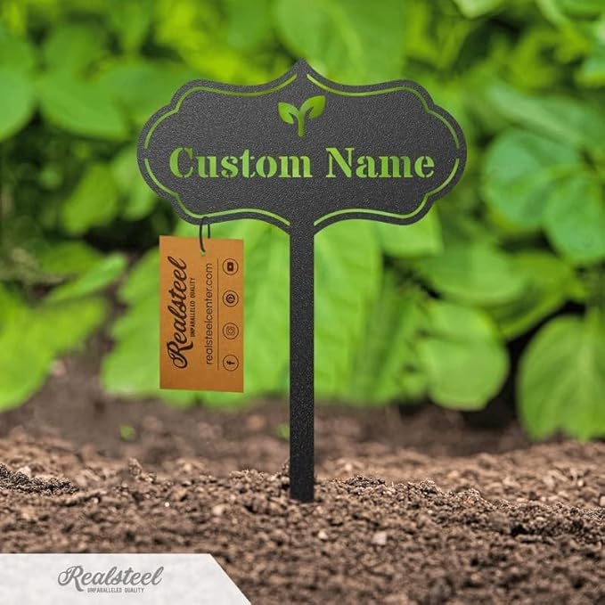 RealSteel Custom Seed & Plant Markers – Metal Garden Stakes for Herbs, Fruits & Vegetables | Elegant Steel Plant Labels for Pots, Raised Beds & Outdoor Gardens | Farmhouse & Greenhouse | Sprout Icon