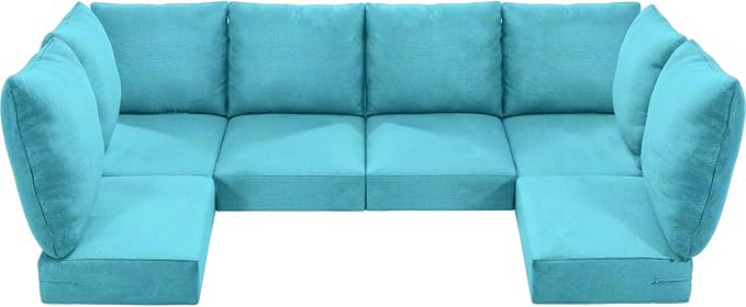 Luxury 24x24x6 Outdoor Furniture Cushions for 6-Seat Sectional Sofa Set of 6 - Water-Repellent 14-Piece Patio Cushion Set for Outside Wicker Loveseat Chair L-Shape Couch - Turquoise/Classic