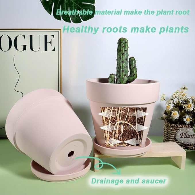 vensovo 8 Inch Pink Clay Pot for with Saucer - Large 2 Pcs Terra Cotta Plant Pot with Drainage Hole, Flower Pot with Tray, Terracotta Pot for Indoor Outdoor