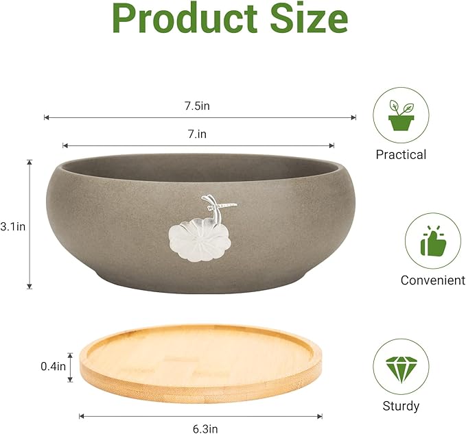 Ceramic Planters with Wooden Tray: 7" Hydroponic Lotus Bowl Planter for Water Lilies | Nature-Inspired Carvings Indoor/Outdoor Decorative Pot | Elegant Aquatic Garden Centerpiece