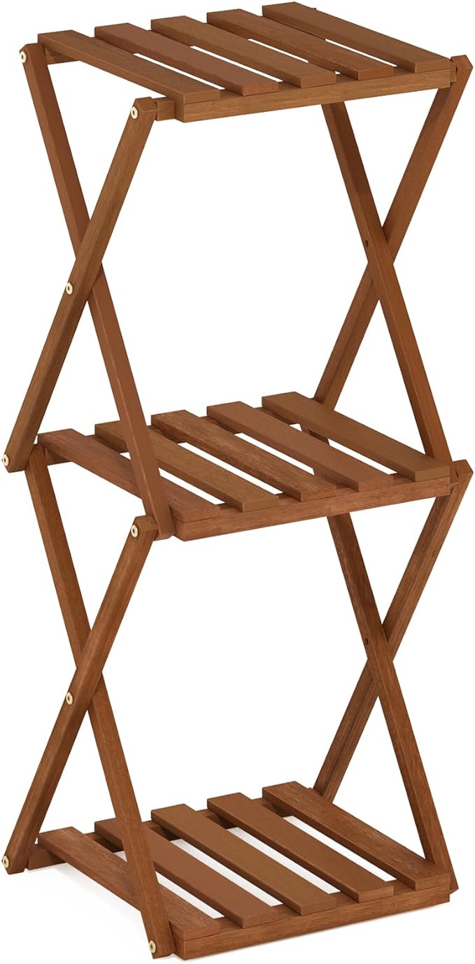 Furinno TIOMAN Patio Table, 3-Tier Outdoor Side Table, Toolless Multipurpose Folding Display Shelf, Plant Stand, for Patio, Garden, Porch, Natural