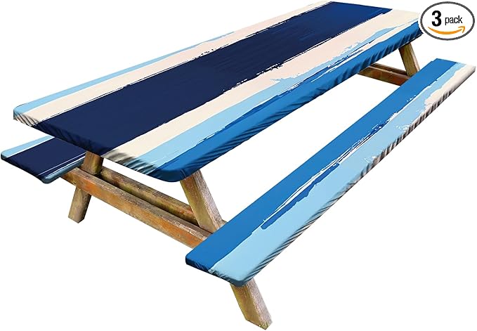 Abstract Picnic Table Cover with Bench Covers Set of 3 - Blue White Gradient Textured Pattern, Elastic Fitted Tablecloth for 6 Ft Tables, Washable Polyester Cover for Patio, Indoor & Outdoor