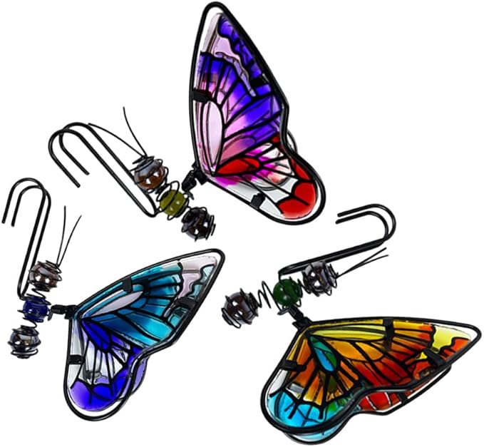 BESPORTBLE 3Pcs Butterfly Decorations for Plant Pot - Iron and Glass Hanging Butterfly Ornaments, Flower Pots Bonsai Hangers Figurines, Outdoor Garden Pendant Decor