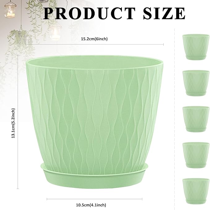 Plastic Flower Pots, 5 Pack 6 inch Indoor Plant Pots Planters for Outdoor Plants Flowers Garden Patio Home Nursery Decor Gifts,Large Succulent Pots with Drainage Tray Saucer & Hole Green
