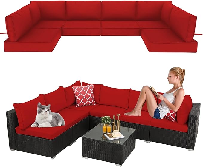 14 Pieces Outdoor Sectional Replacement Cushions for Patio Furniture, 4in Thick Outdoor Sofa Cushions for 6 Seat, Waterproof Deep Seat Couch Patio Cushion Set (Red)