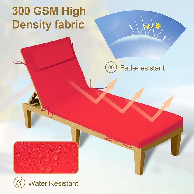Chaise Lounge Cushions Outdoor Set of 2, 72x21x3 Lounge Chair Cushions for Outdoor Furniture, Patio Lounger Pads with Removable Cover for Pool, Deck, Lawn,red