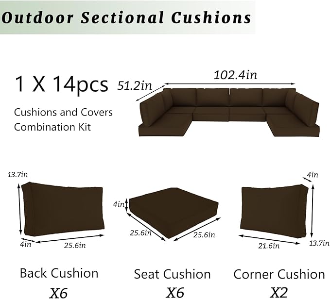 Outdoor Sectional Cushions Replacement Set, 26x26in Patio Furniture Cushions, 14 Pieces Waterproof Outdoor Couch Cushion for 6 Seat Wicker Conversation (Coffee)