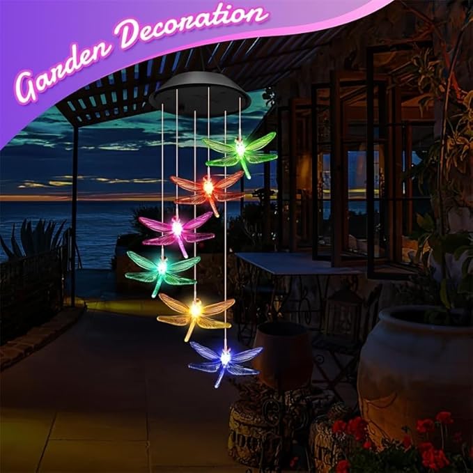 Solar Wind Chimes for Outside,Dragonfly Solar Hanging Lights Outdoor,Dragonfly Gifts for Women,Waterproof Outdoor Solar Powered Lights for Garden Patio Yard Home Decor