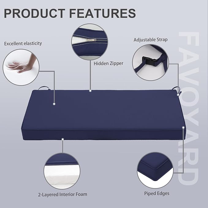 Favoyard Outdoor Bench Cushion 42 x 18 Inch Waterproof Patio Furniture Cushions 3-Year Color Fastness Garden Sofa Settee Couch Swing Pads with Handle and Adjustable Straps, Blue