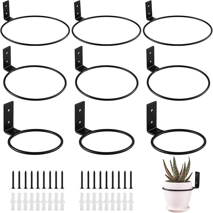 9-Pack 4/6/8 Inch Flower Pot Holder Ring Wall Mounted Metal Flower Pot Hangers Wall Hanger Bracket Rings Black Planter Bracket for Home, Garden, Indoor Outdoor Pots