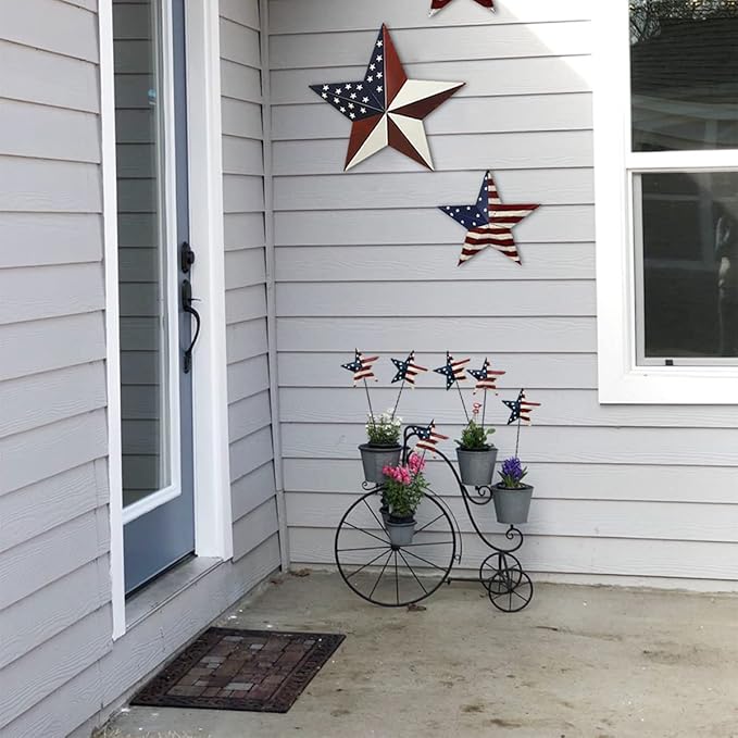 6set 12"H Metal American Star Barn Yard Sign, Patriotic Metal US Flag Star Barn Garden Stake for Planter Pot Walkway Pathway 4th of July Decor Memorial Day Outdoor Lawn Decorations