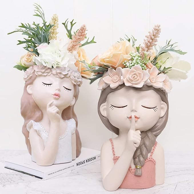 Adorable Large Girl face Planter Cute Big Succulent Pot with Drainage Hole Tall Lady Head Planter Resin Flower Pot Decorative vase for Plants