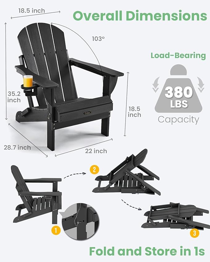 Ciokea Folding Adirondack Chair 4 Pack, Patio Adirondack Chair Weather Resistant, Plastic Fire Pit Chair with Cup Holder, Lawn Chair for Outdoor Porch Garden Backyard Deck (Black)