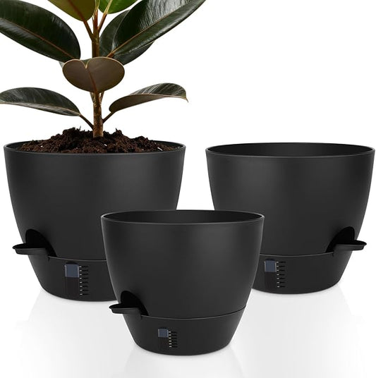 Self-Watering Plant Pots with Water Level Indicator, Drainage Holes & Saucers – 12/10/9 Inch Large Plastic Planter Set for Indoor & Outdoor Plants (Pure Black)