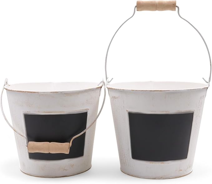 Hosley Set of 2 White Metal Pail with Chalkboard and Plastic Liner 7" Dia x 6" H. Ideal Gift for Floral Arrangements Wedding House Warming Floral Planter DIY Craft Home Office Party Garden Patio