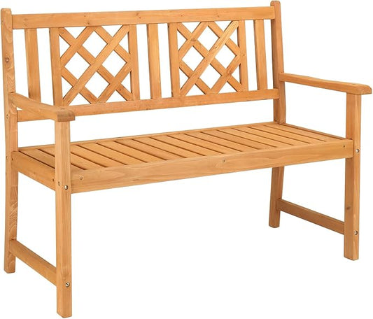 Outvita Wooden Garden Bench, Outdoor Wood Patio Bench, Rustic Two Person Loveseat Chair w/Armrest for Porch Poolside Park Backyard Balcony, Capacity 605Lbs, Grid Backrest