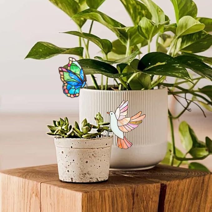 JOONOR 2 Pieces Stained Acrylic Bird Butterfly Flower Pot Hugger Cute Animal Butterfly Bird Statue for Planter Hanger Decorations Outdoor Fairy Garden Planter Edge Accessories,Style C