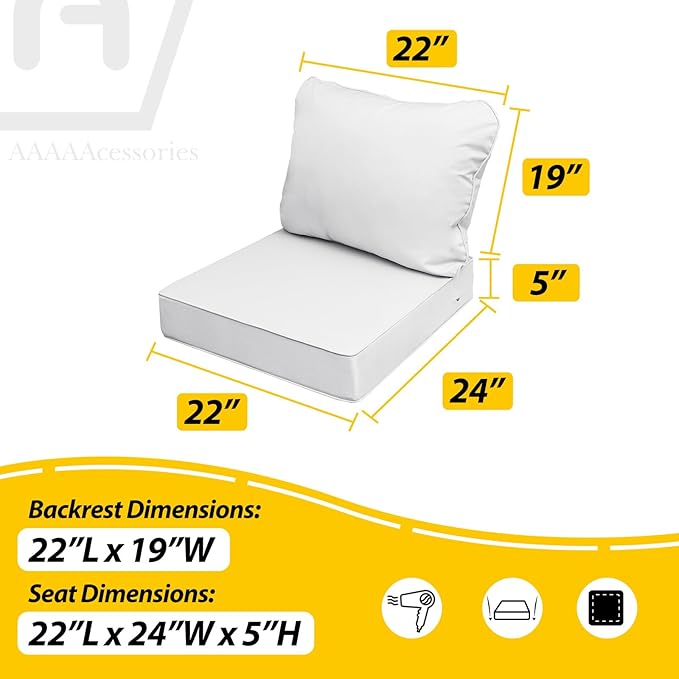 AAAAAcessories Outdoor Seat Cushions for Chairs, Fade-Resistant, Waterproof Patio Furniture Replacement Cushions, 22" x 24" x 5" + 22" x 19", Set of 4, Creamy White